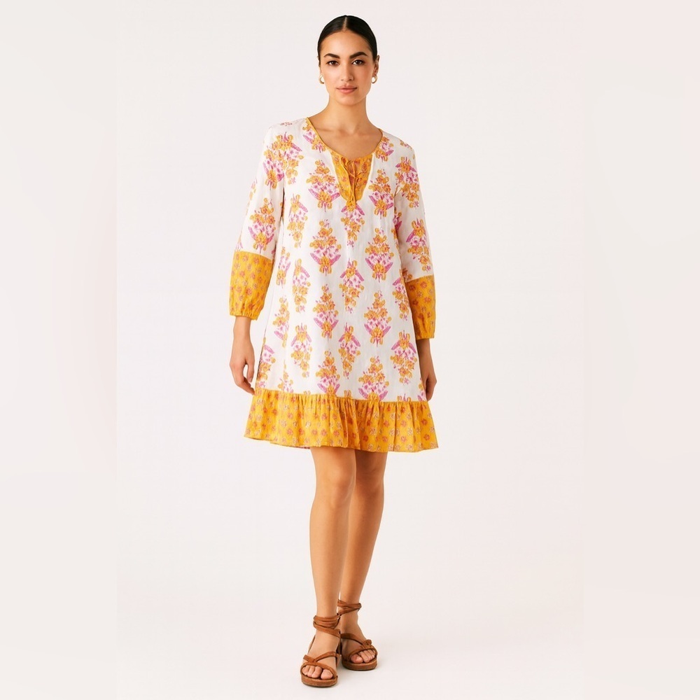 J. Crew orange, pink and white floral block, print puff sleeve mini dress. Small